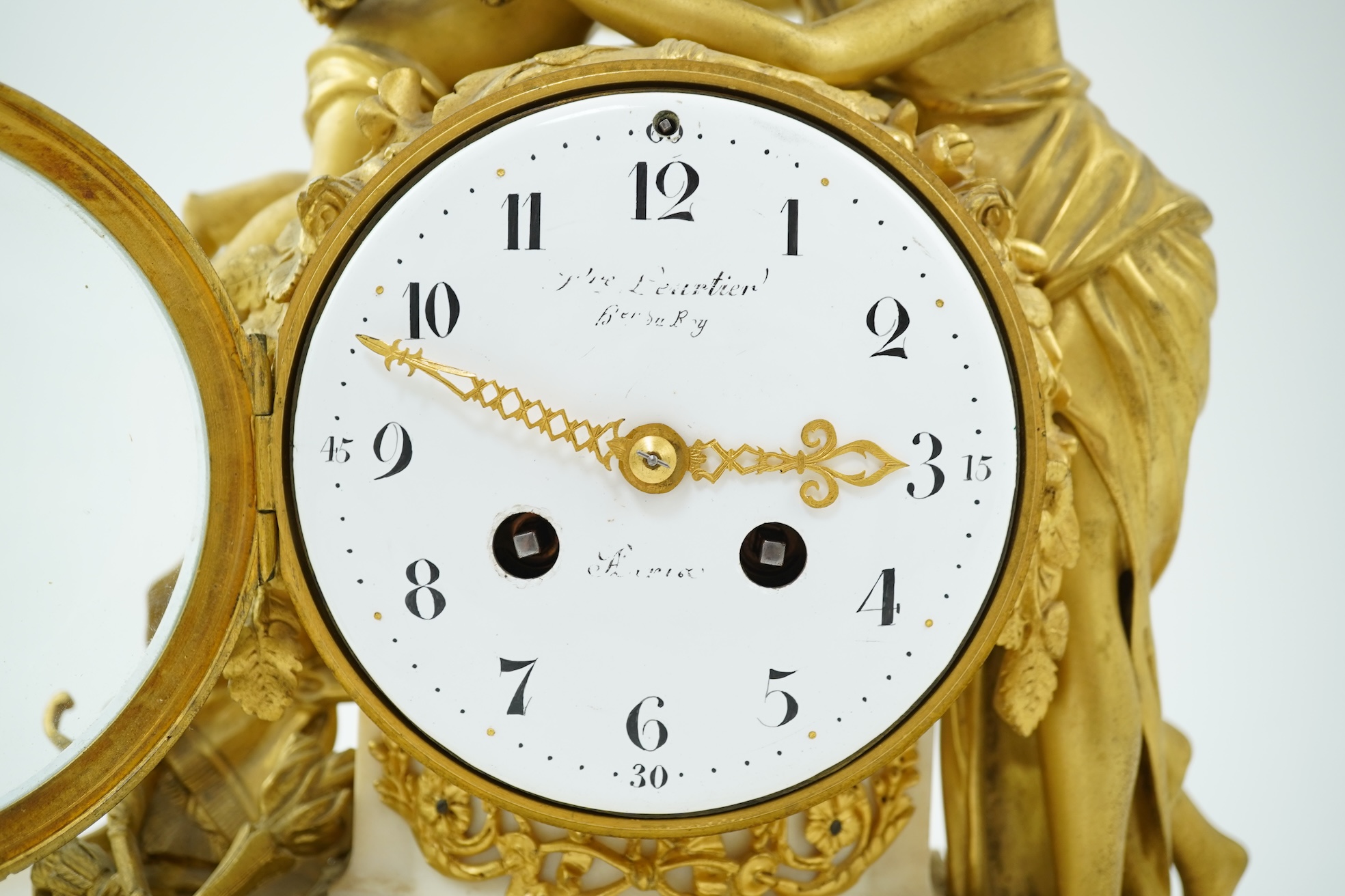 An early 19th century French figural ormolu and white marble mantel clock